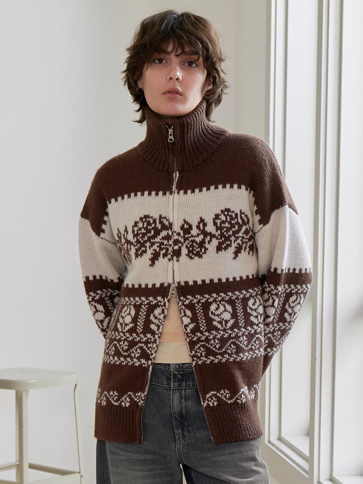 레이브(RAIVE) High-neck Jacquard Zip-up Knit VK5WD285_2color