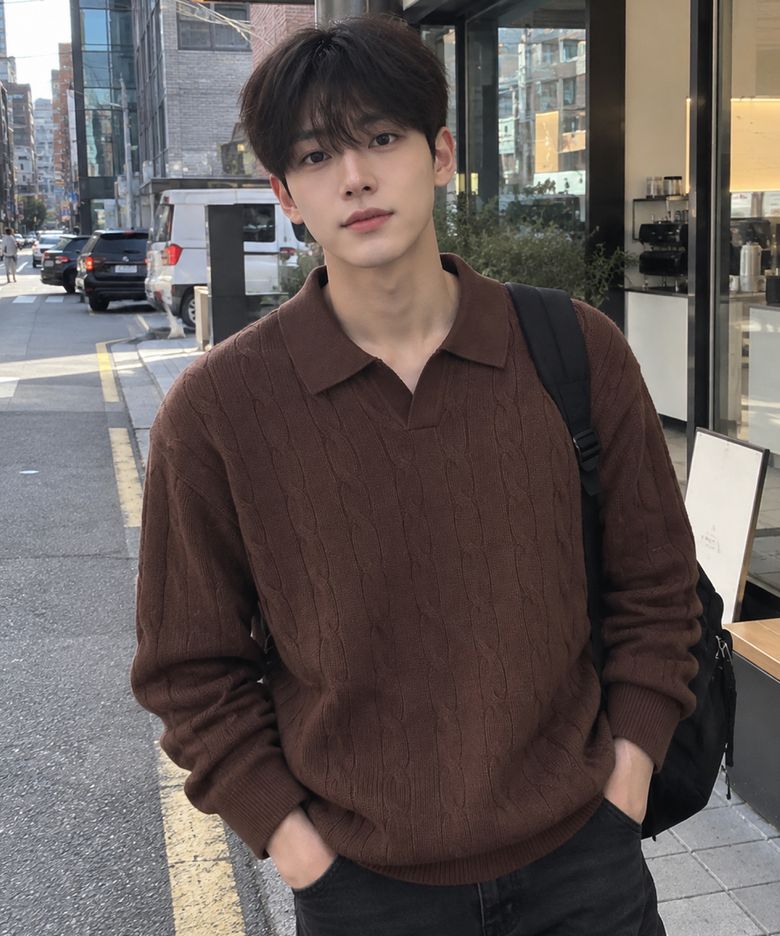 소프트 케이블 오픈카라 머슬 니트[브라운]