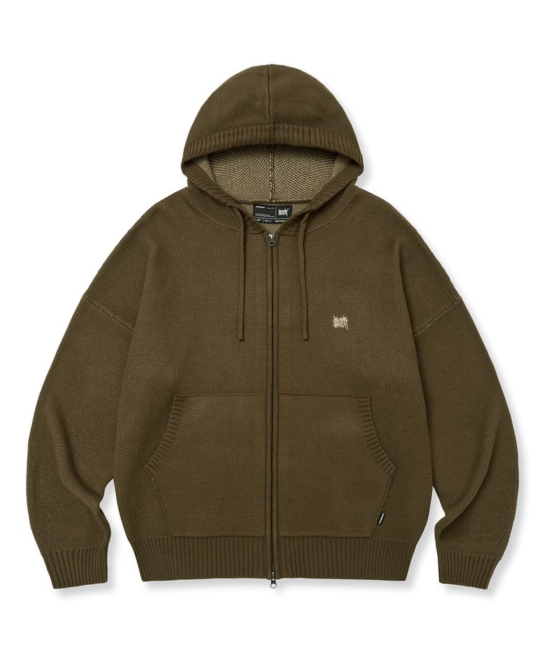 TAG KNIT HOOD ZIP UP - BROWN