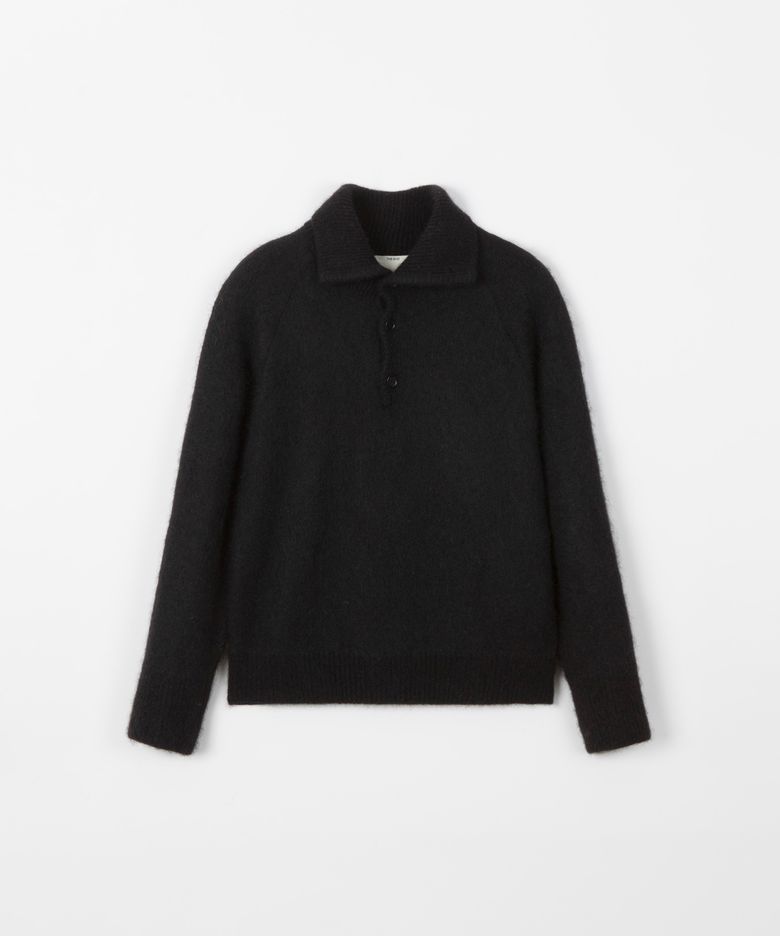 Kid mohair button turtle knit top / BLACK