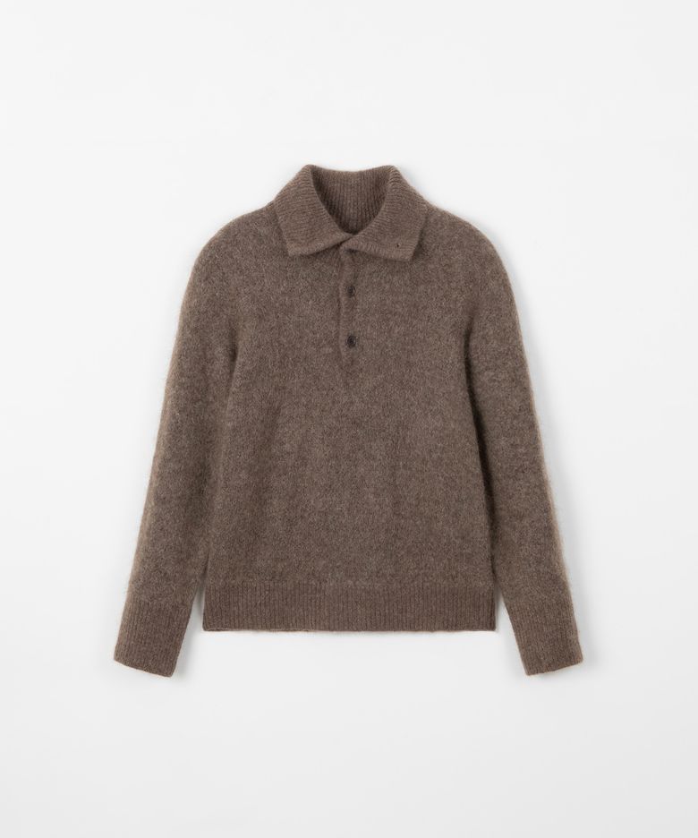 Kid mohair button turtle knit top / BROWN