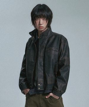 워시드 하이넥 비건레더 자켓 - 다크브라운