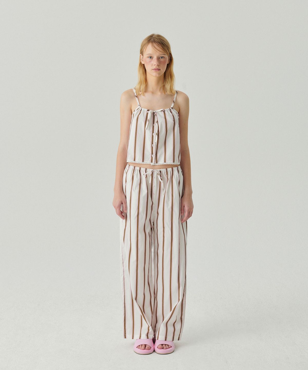 슬리피곰(SLEEPYGOM) Pink Brown stripe long pants