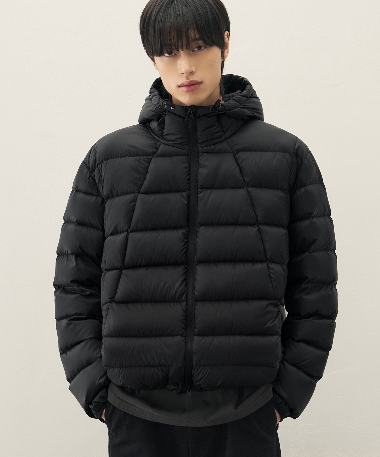 MUSINSA | DRAW FIT Omsk Hooded Light Down Jacket [BLACK]