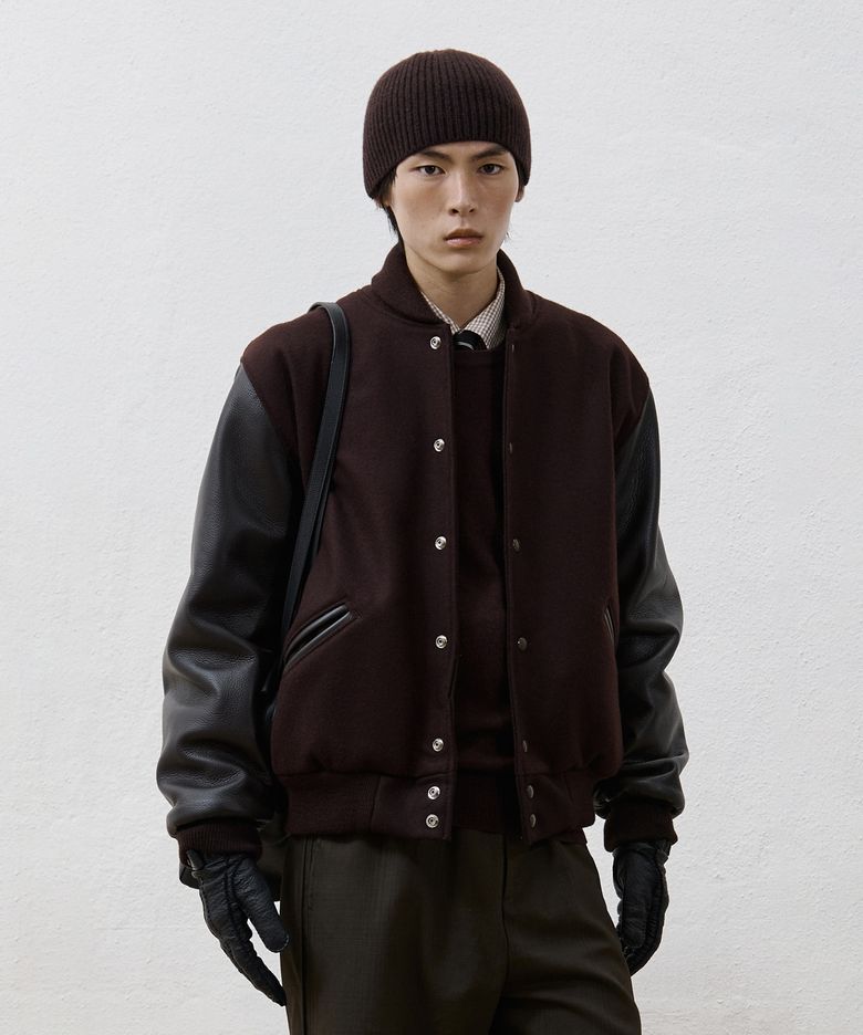Leather Trim Knit Beanie - Brown