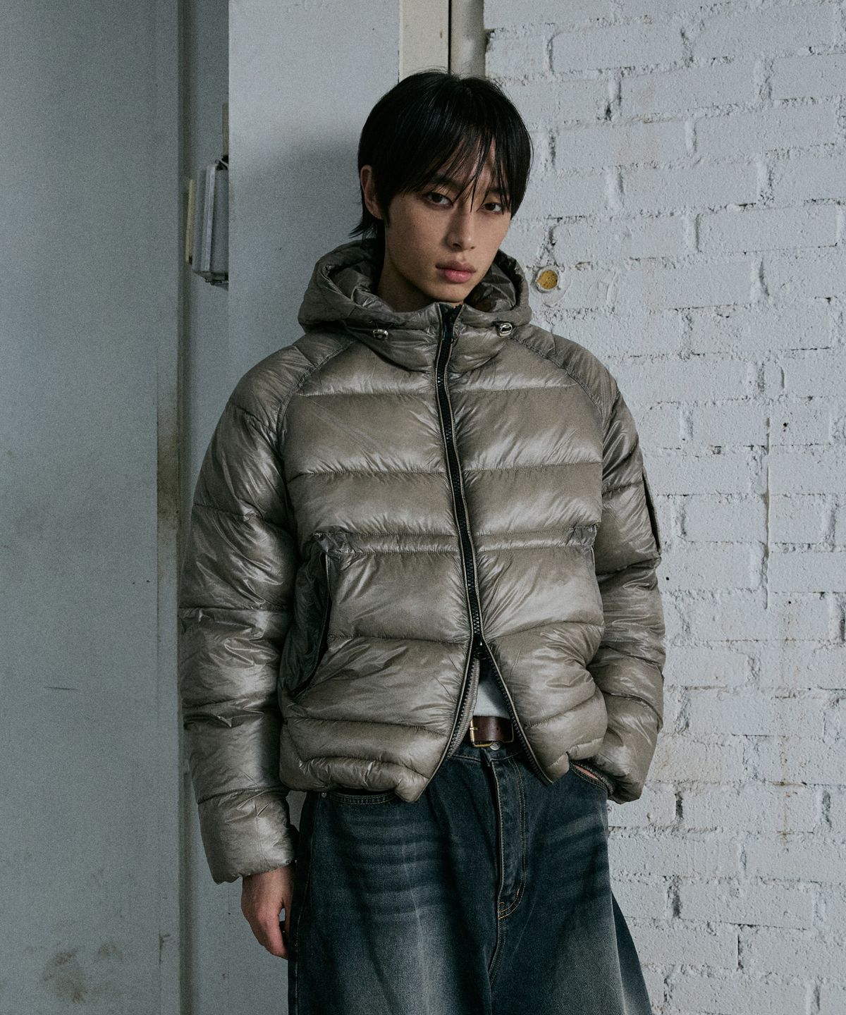 피인오(P.IN.O) 시스루 퀼팅 후드 경량패딩 - 진그레이