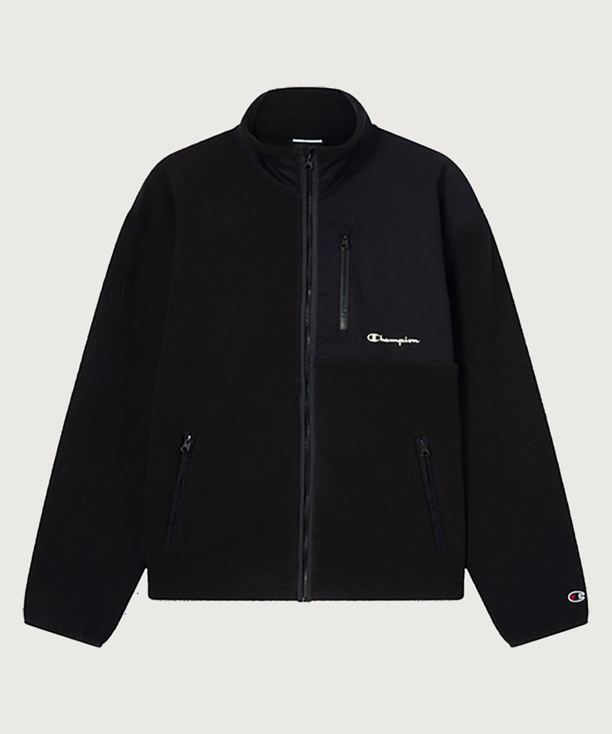 챔피온(CHAMPION) 우븐 블록 오버핏 풀집업 플리스 재킷 Black