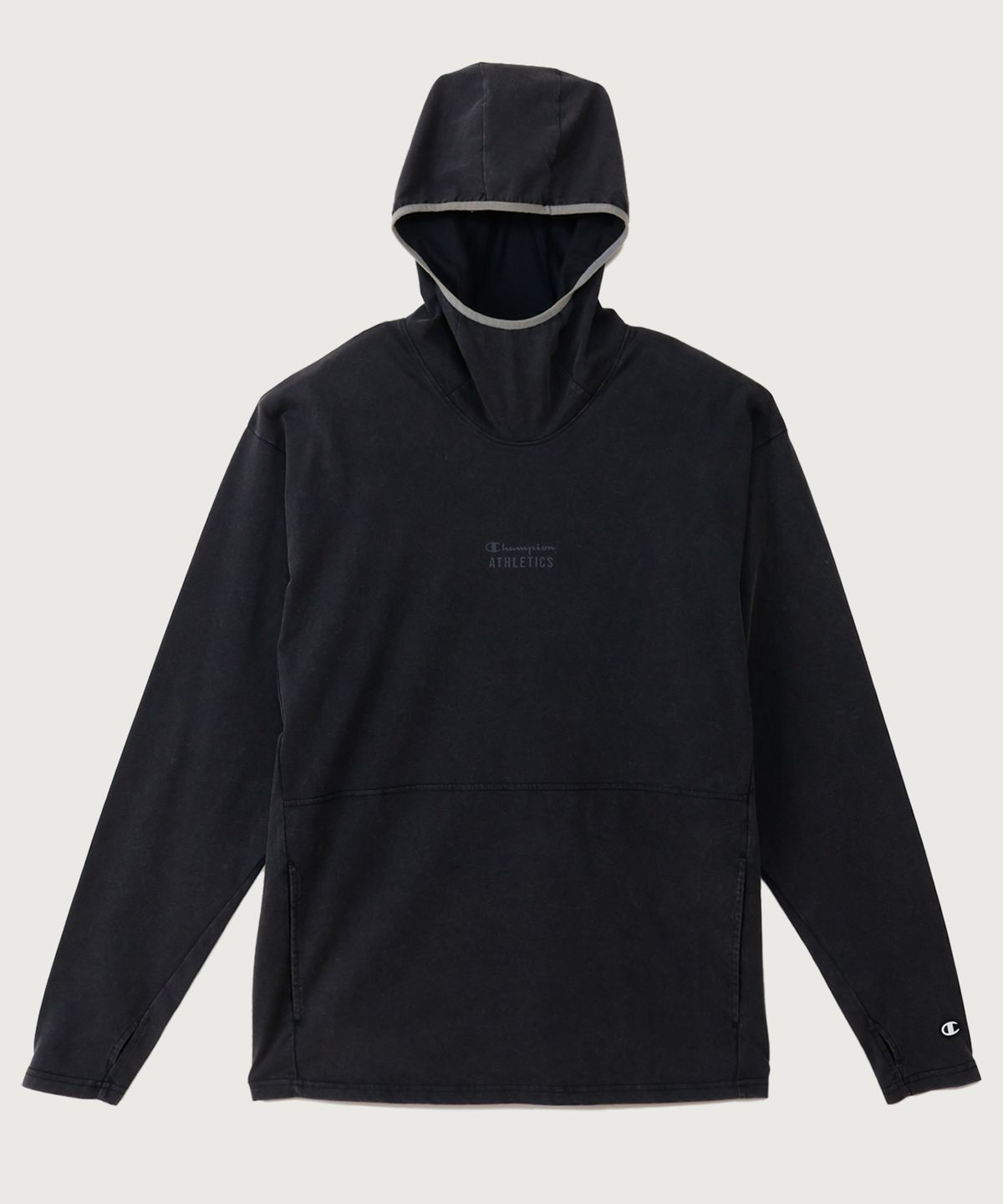 챔피온(CHAMPION) 워싱 레귤러핏 애슬레틱 롱슬리브 후드 티셔츠 Black