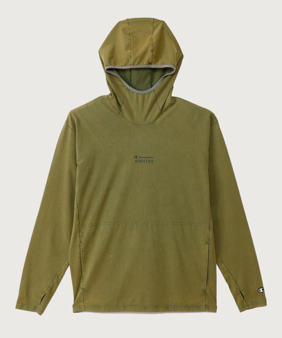 챔피온(CHAMPION) 워싱 레귤러핏 애슬레틱 롱슬리브 후드 티셔츠 Olive