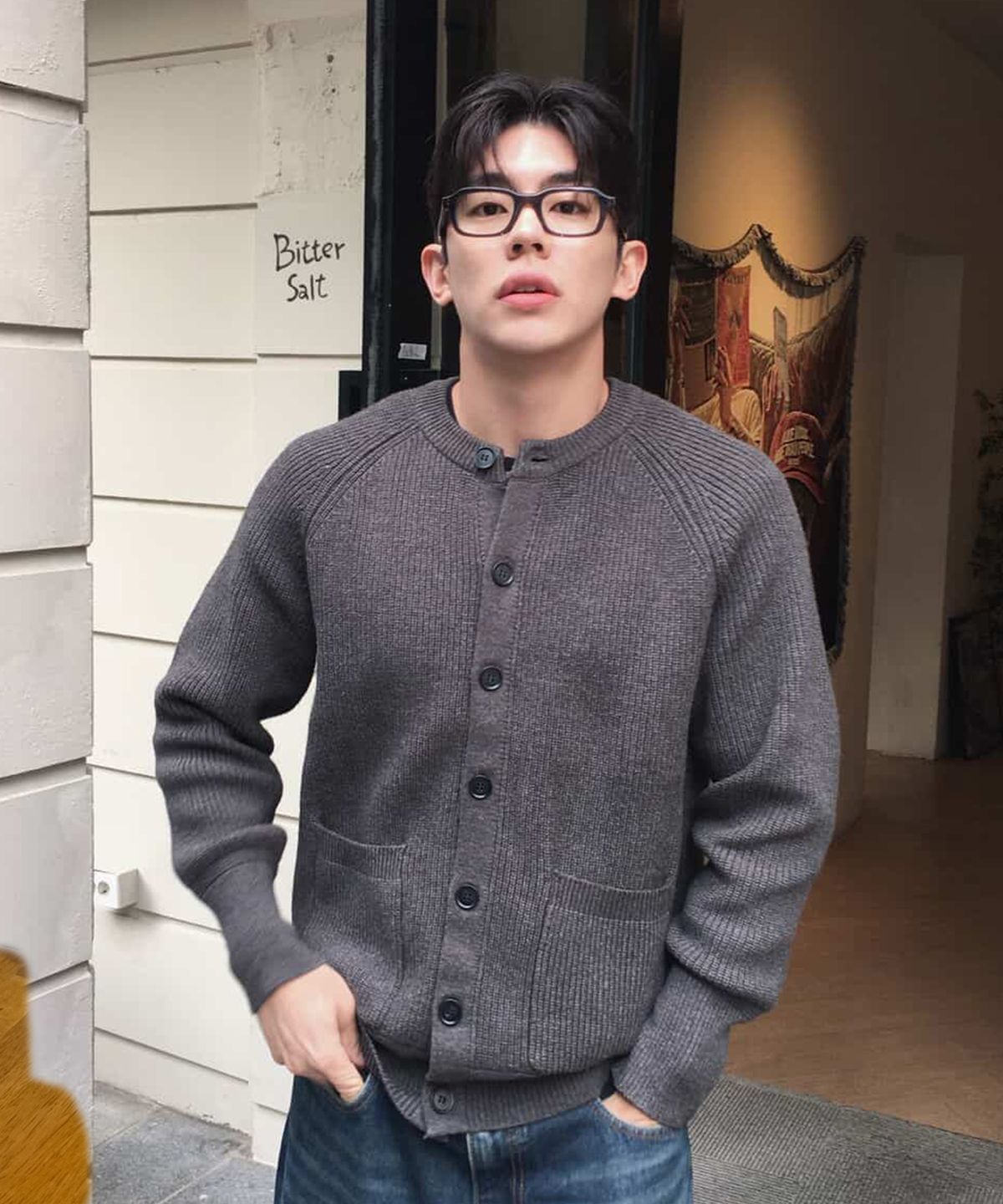 에르비노(HERVINO) 하찌 라운드넥 니트 가디건[그레이]