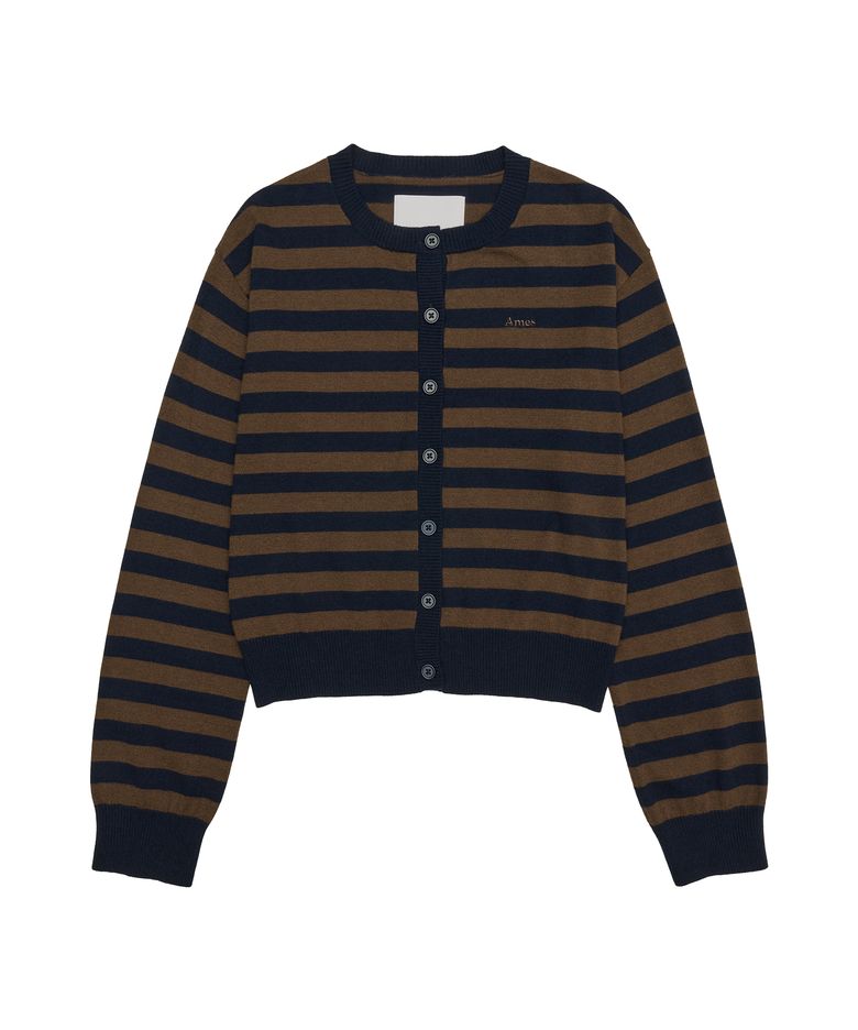 STRIPE ROUND NECK CARDIGAN BROWN