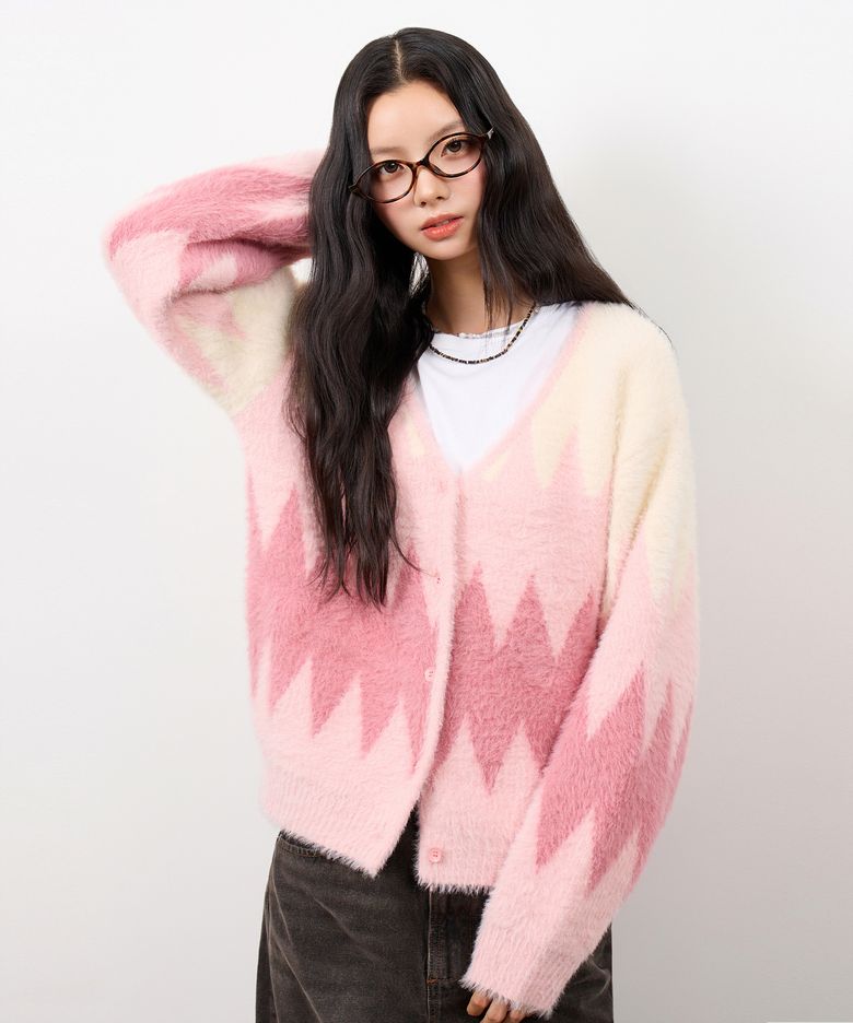 아가일 모헤어 카디건_핑크
