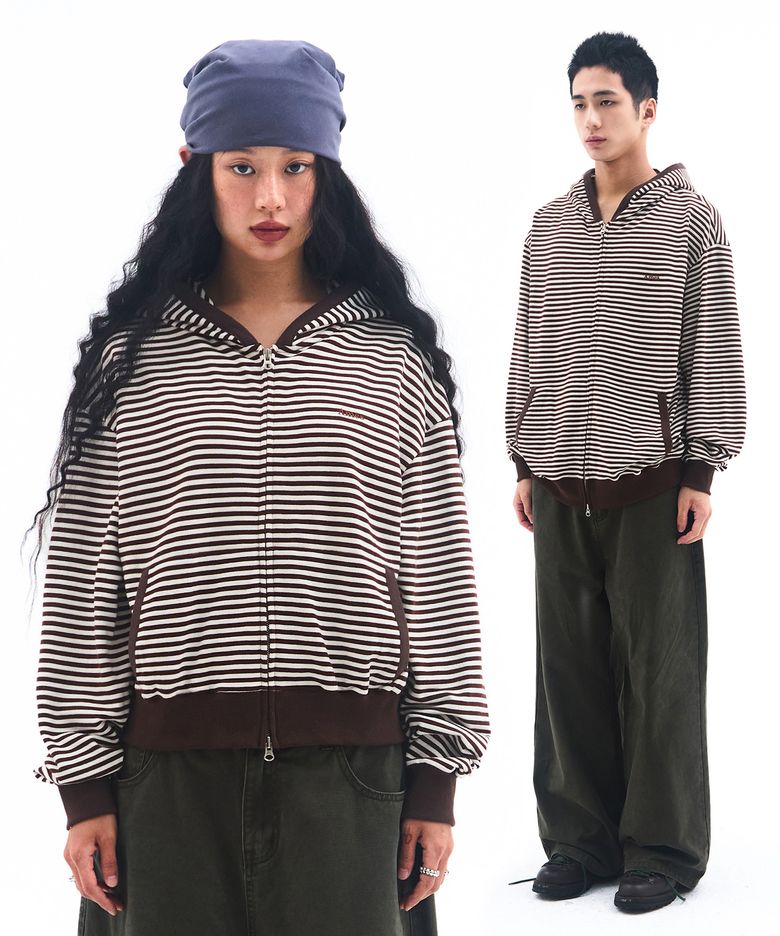 STRIPE HOODIE ZIP UP BROWN
