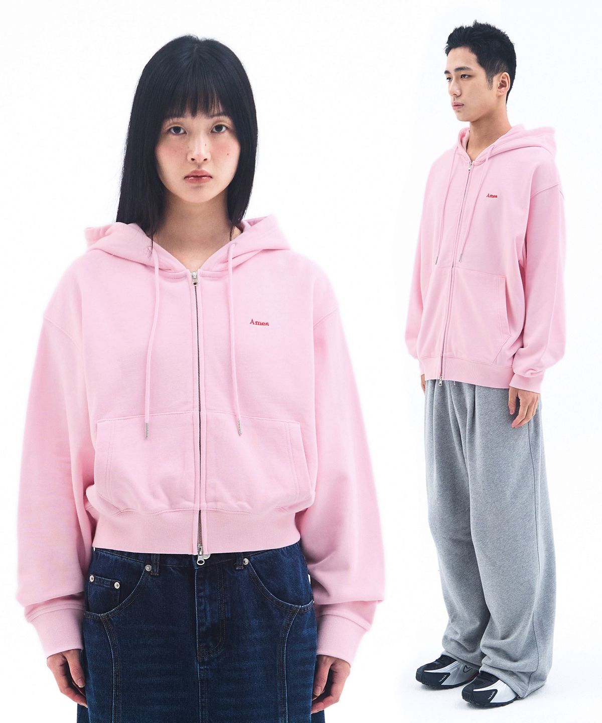 아메스 월드와이드(AMES-WORLDWIDE) BASIC SMALL LOGO HOODIE ZIP UP PINK