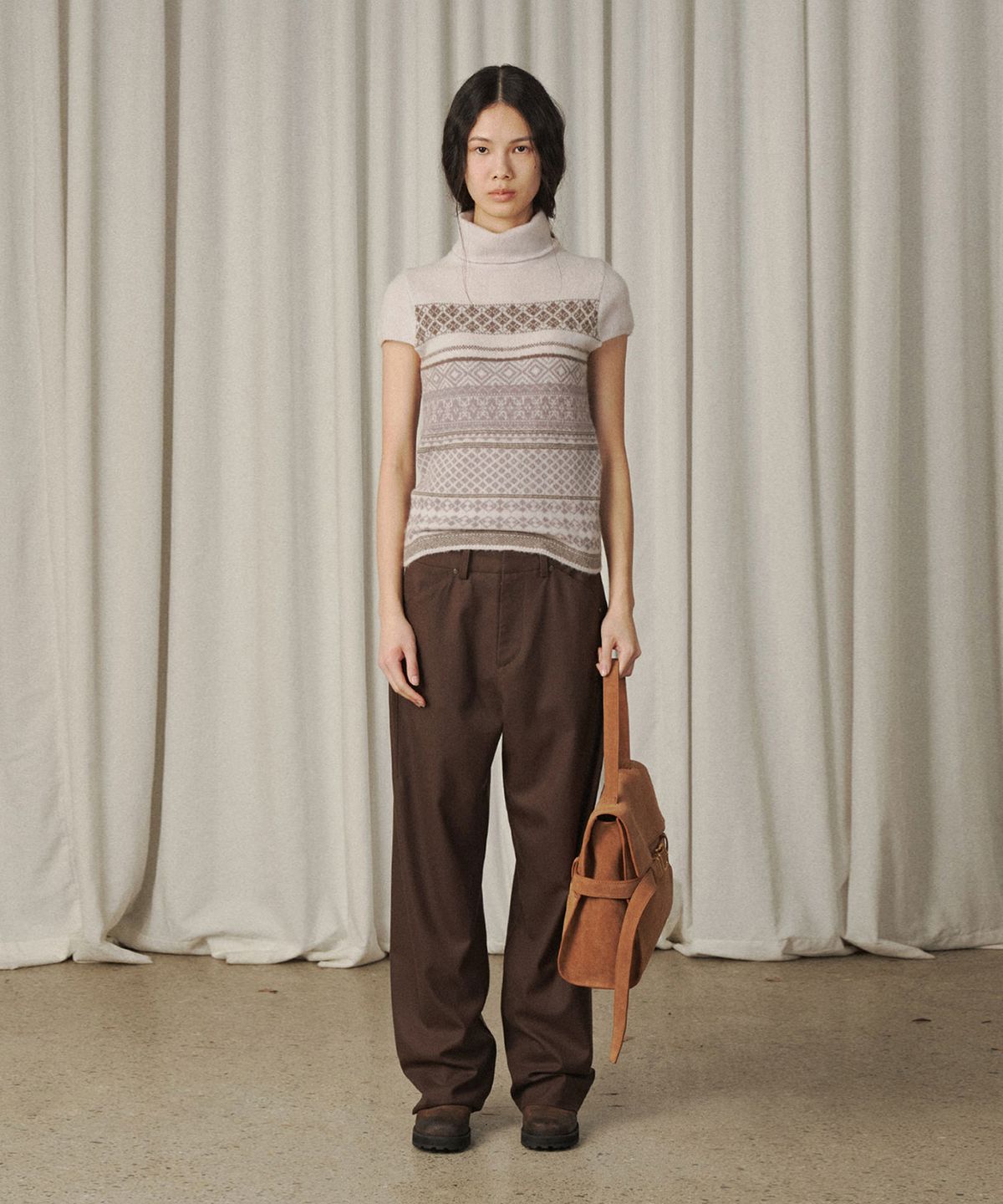 베르소(VERSO) Half Cap Sleeve Intarsia Knit Top