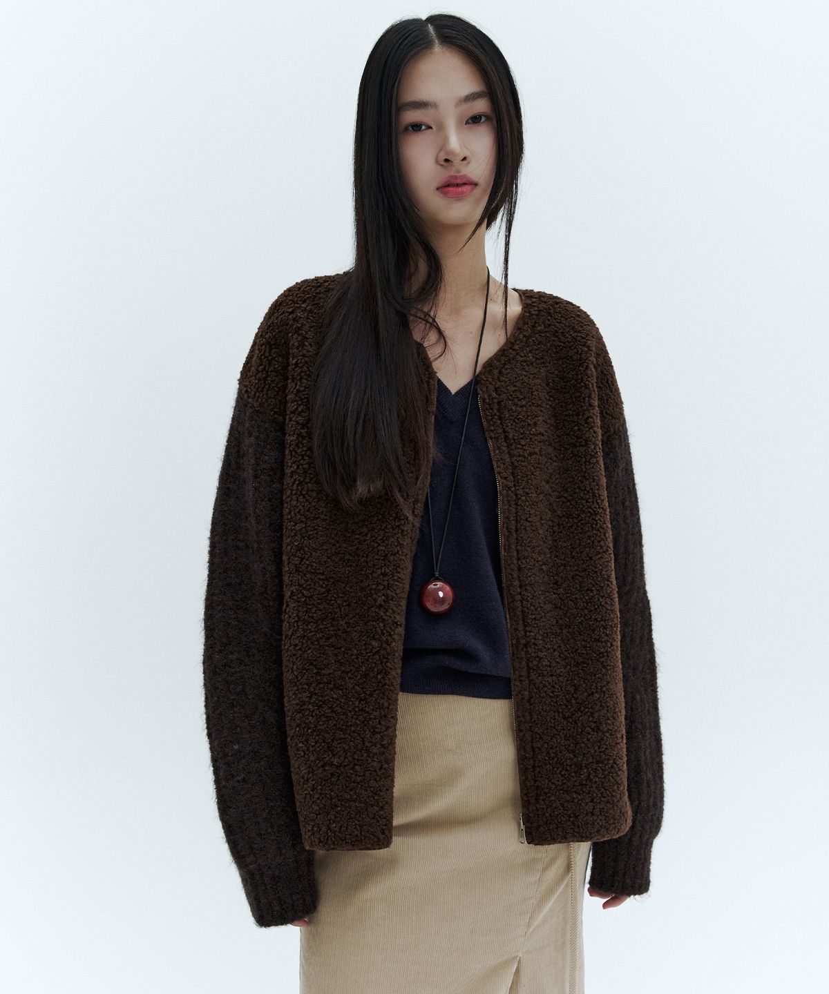 시티브리즈(CITYBREEZE) 알파카 믹스 집업 니트_BROWN