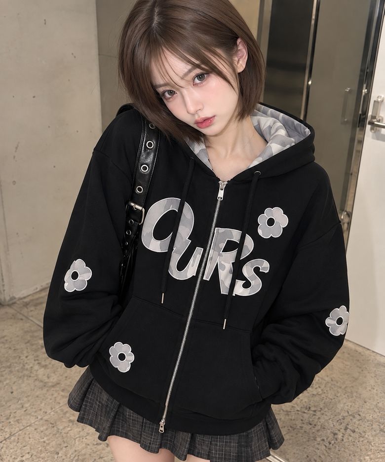 OURS 카모 플라워 아플리케 후드집업 블랙