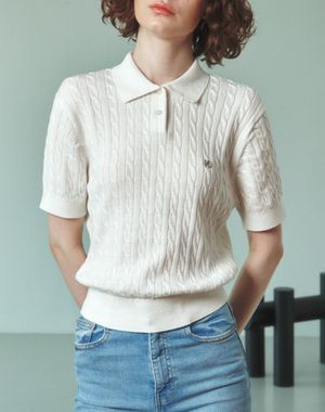 케이블 카라 여자 반팔 니트 [아이보리]