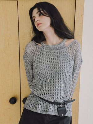 Mesh Knit Belted Top Set