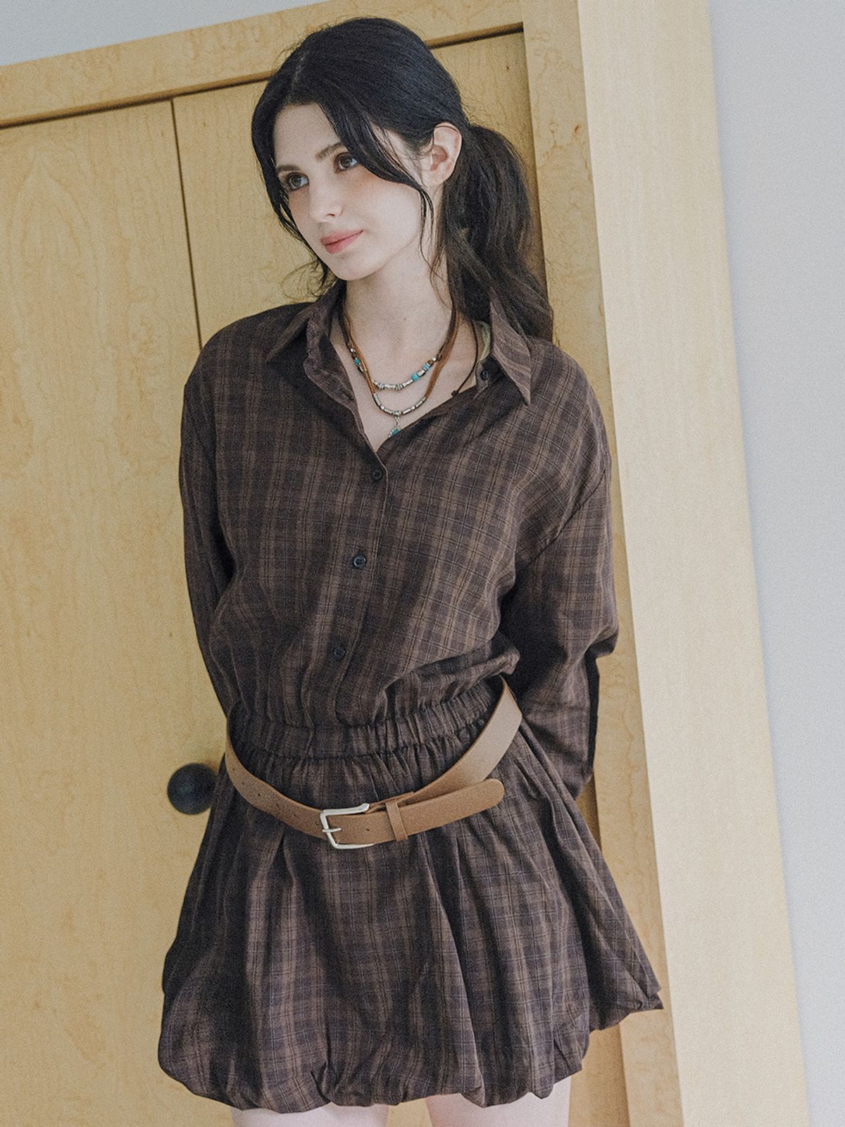 쿨키튼(KOOLKITTEN) Plaid Balloon Hem Shirt Dress