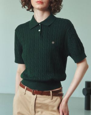 케이블 카라 여자 반팔 니트 [에버그린]