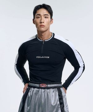 액티브 크루 컬러블록 라운드 집업 - Black