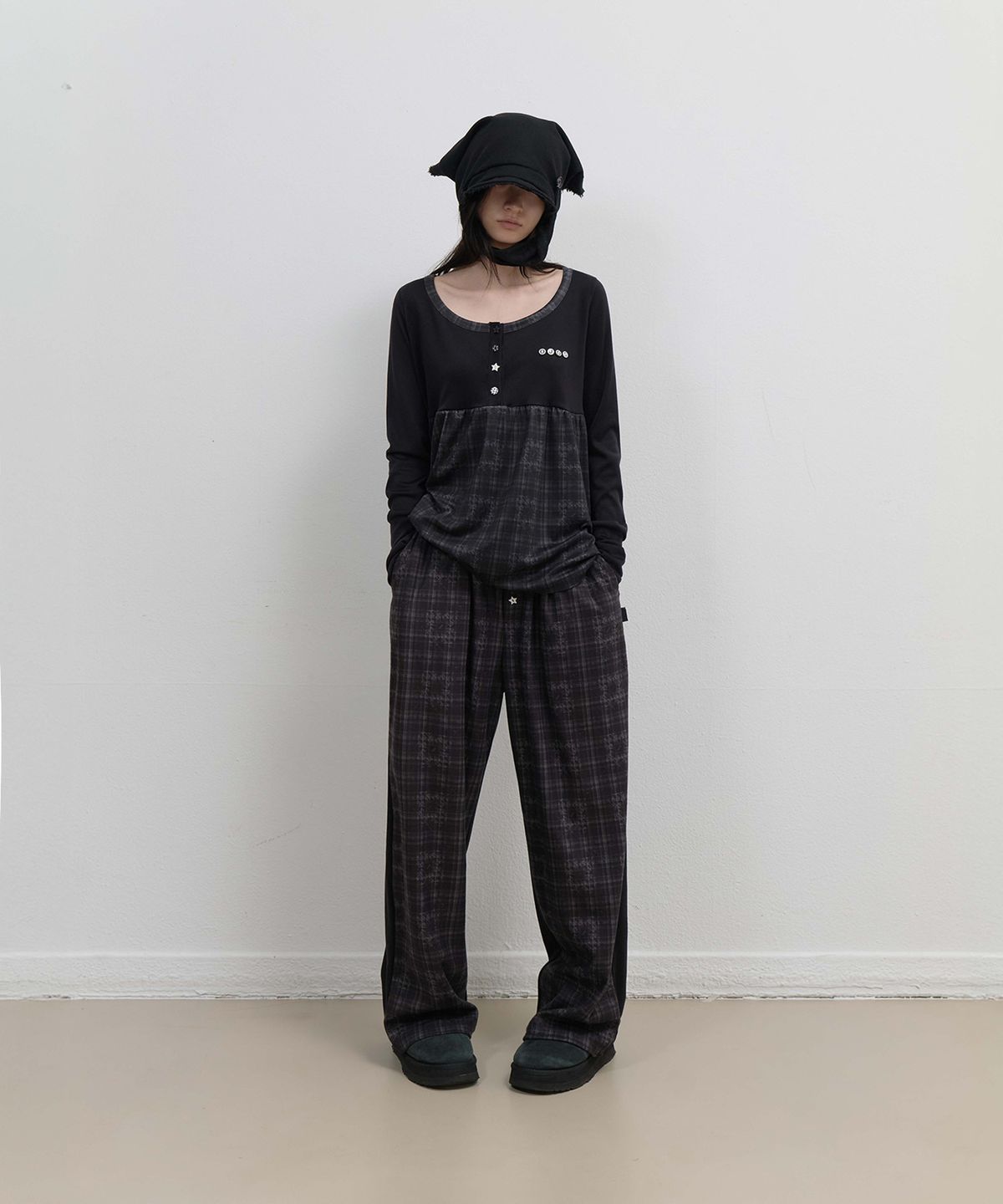 오호스(OJOS) Check Sleep Jersey Pants / Black