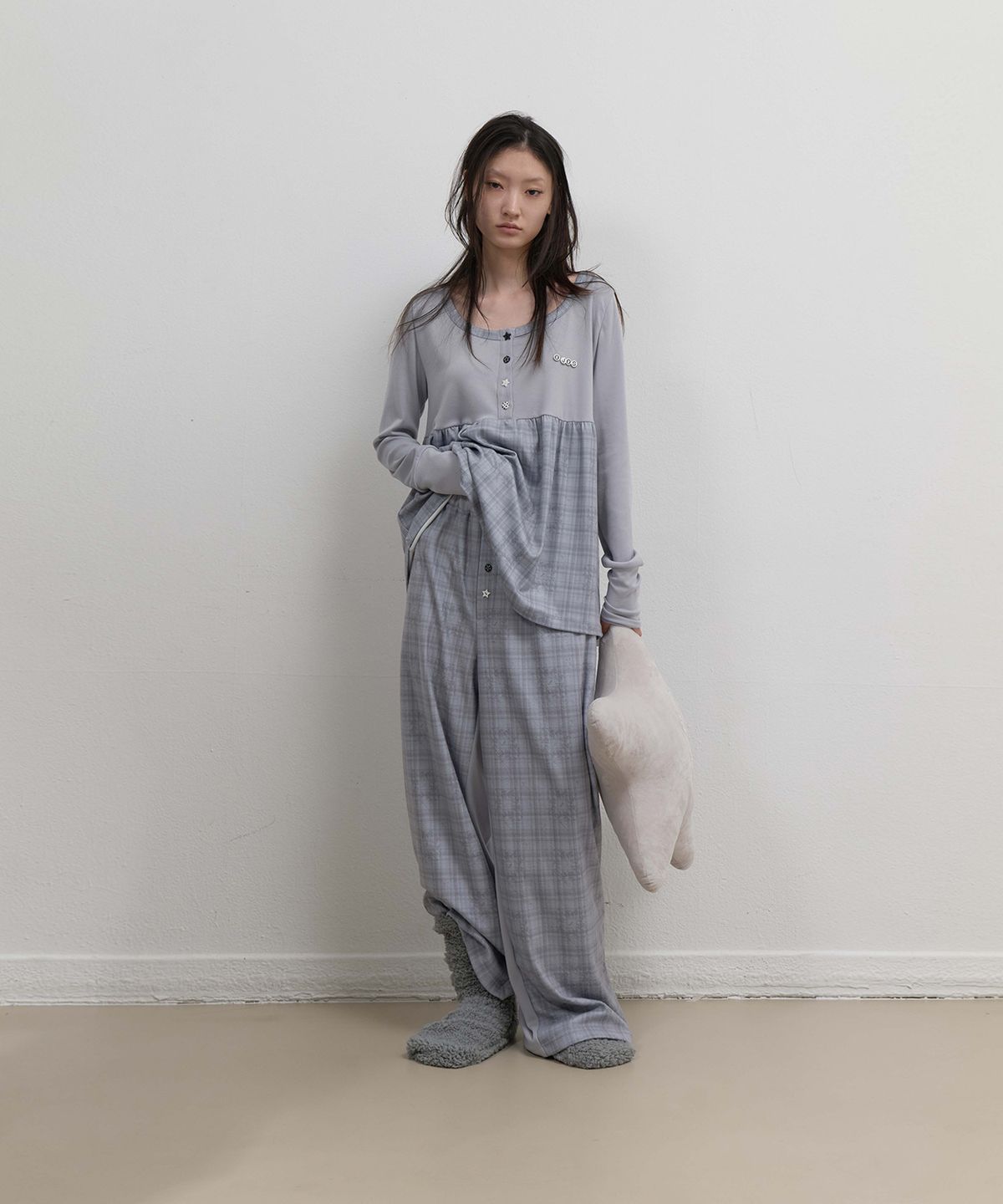 오호스(OJOS) Check Sleep Jersey Pants / Grey