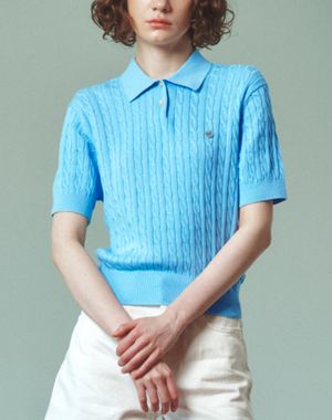 케이블 카라 여자 반팔 니트 [아쿠아 블루]