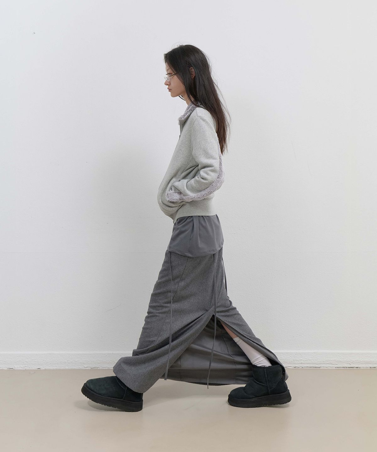 오호스(OJOS) Fur Trim Jersey Zip-up / Grey