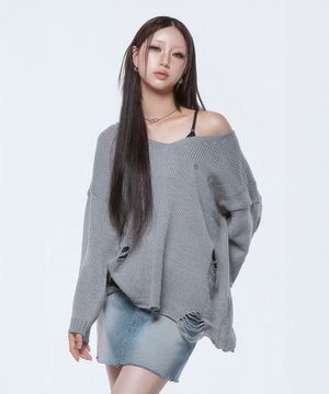 (DUC) Damaged Loose-Fit Knit Gray
