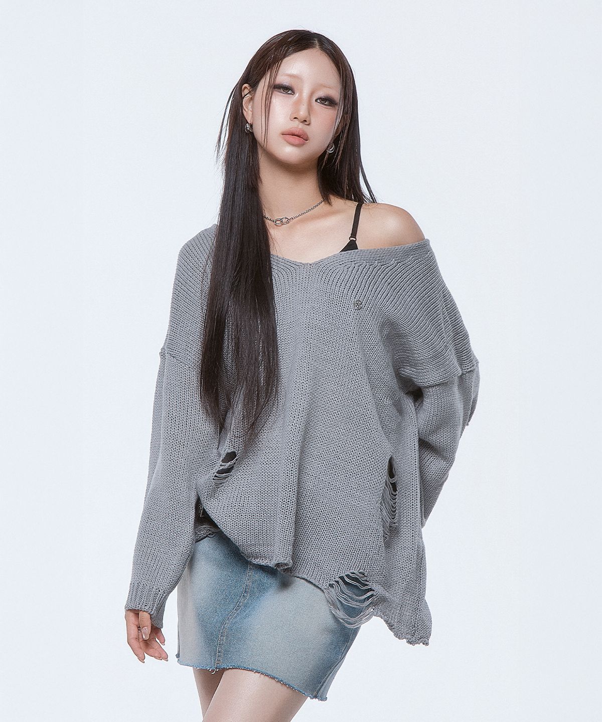 디오스피스(DAUSPICE) (DUC) Damaged Loose-Fit Knit Gray