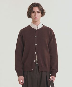 메탈릭 버튼 라운드 가디건 - 브라운