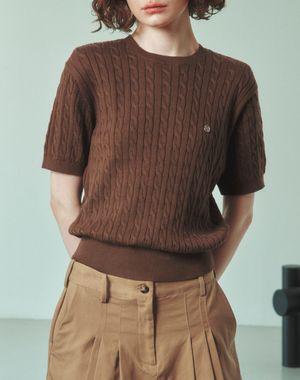 케이블 라운드 여자 반팔 니트 [브라운]