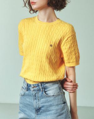 케이블 라운드 여자 반팔 니트 [옐로우]