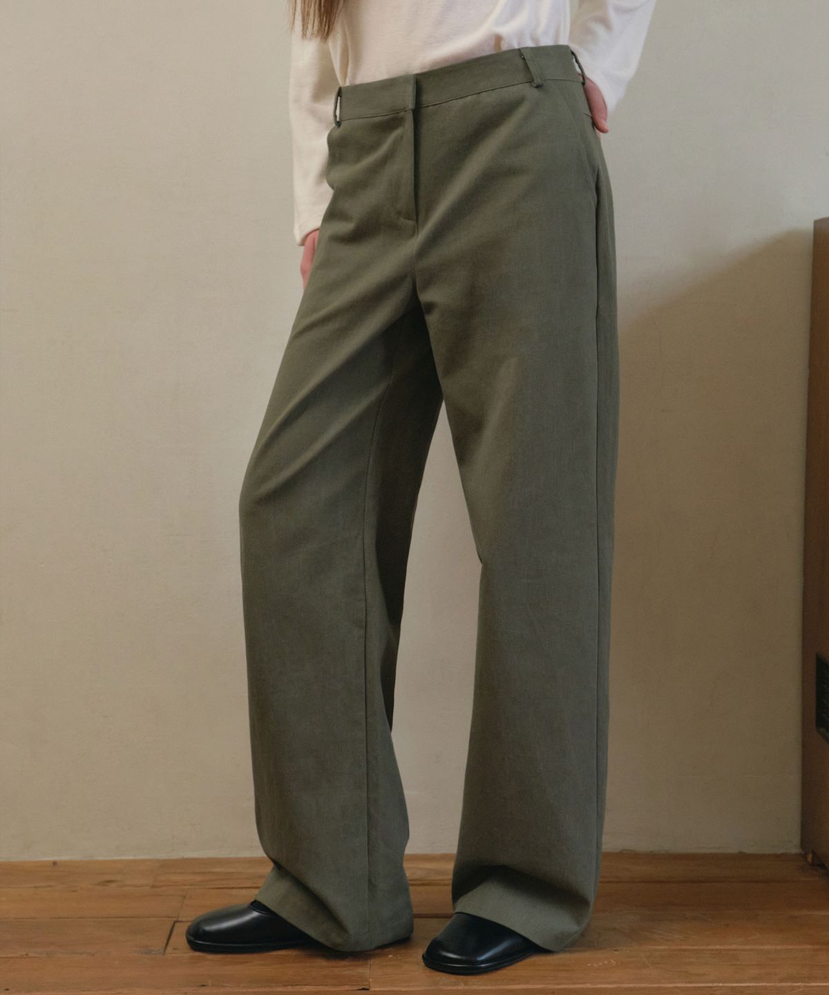 아우어노스텔지아(OURNOSTALGIA) Twill layered wide pants_Khaki(O25-PT11)