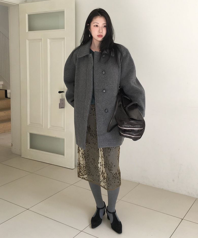 [곰송이 PICK] VOLUME SLEEVE WOOL HALF COAT_GREY