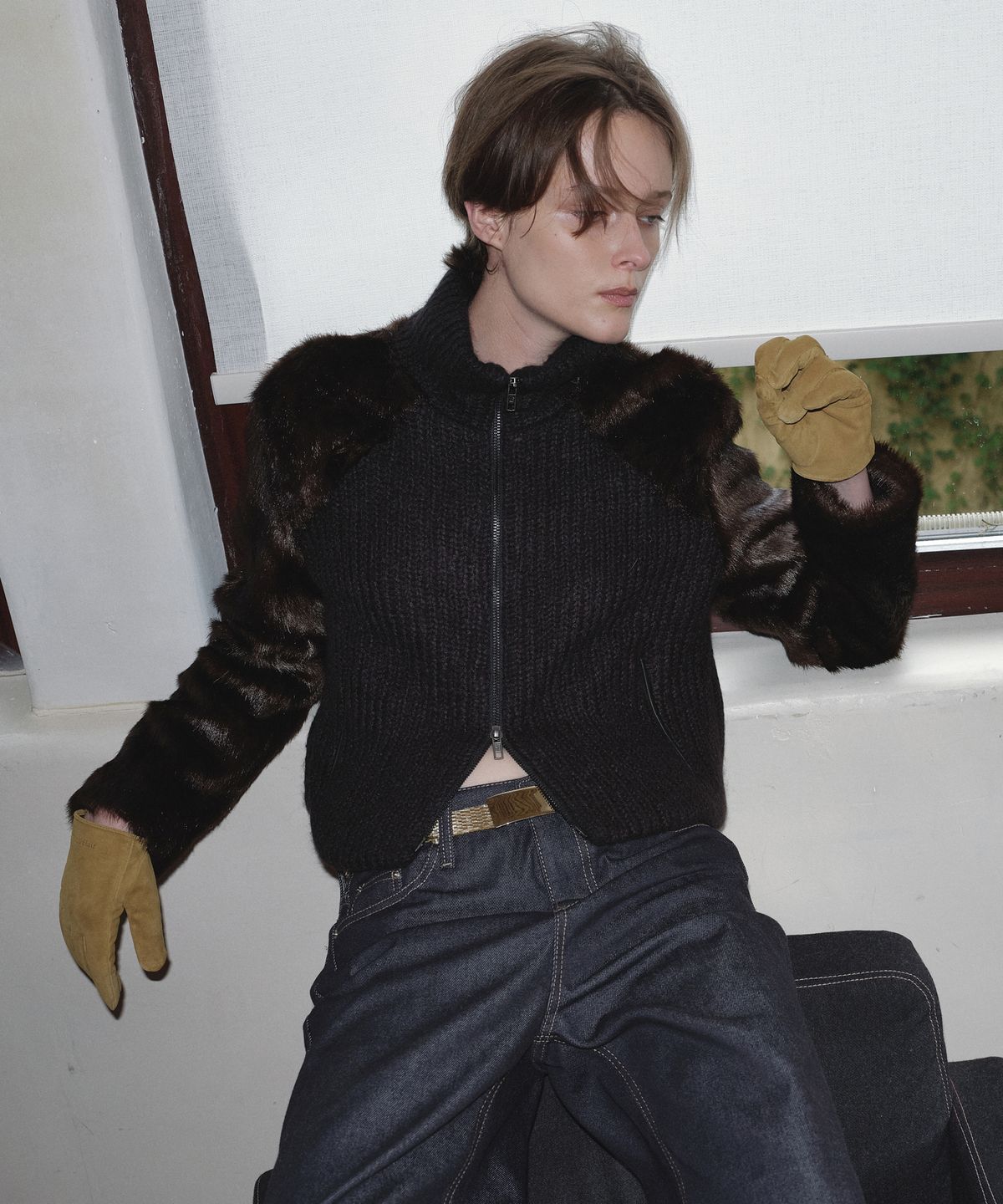 오버듀플레어(OVERDUEFLAIR) FUR COMBI WOOL KNIT JACKET_BLACK/BROWN