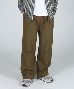 코튼 나일론 카고 벌룬 투턱 스트링 팬츠_카키브라운
