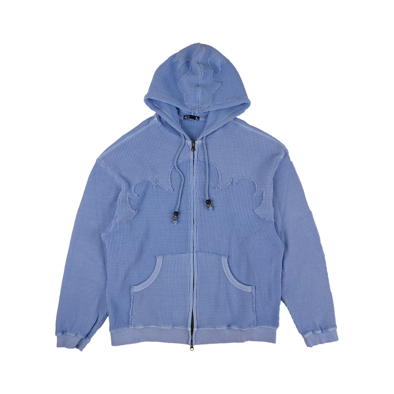 Flame Waffle Appliqué Hoodie Zip-Up Light Blue