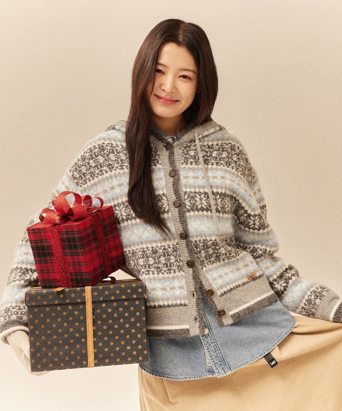 리(LEE) 우먼 후드 노르딕 가디건 그레이
