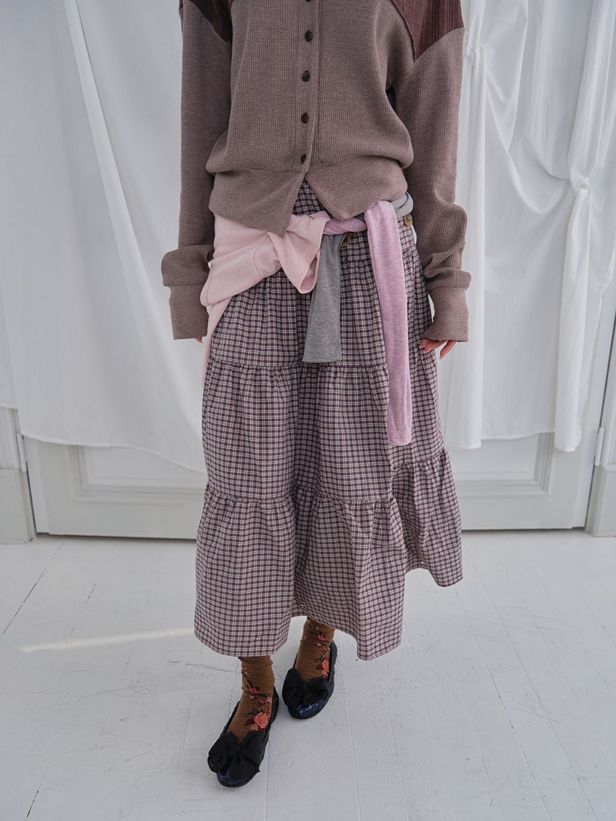 무음(MUWM) 투웨이 버튼 셔링 스커트 2way Button Shirring Skirt (Purple Check)