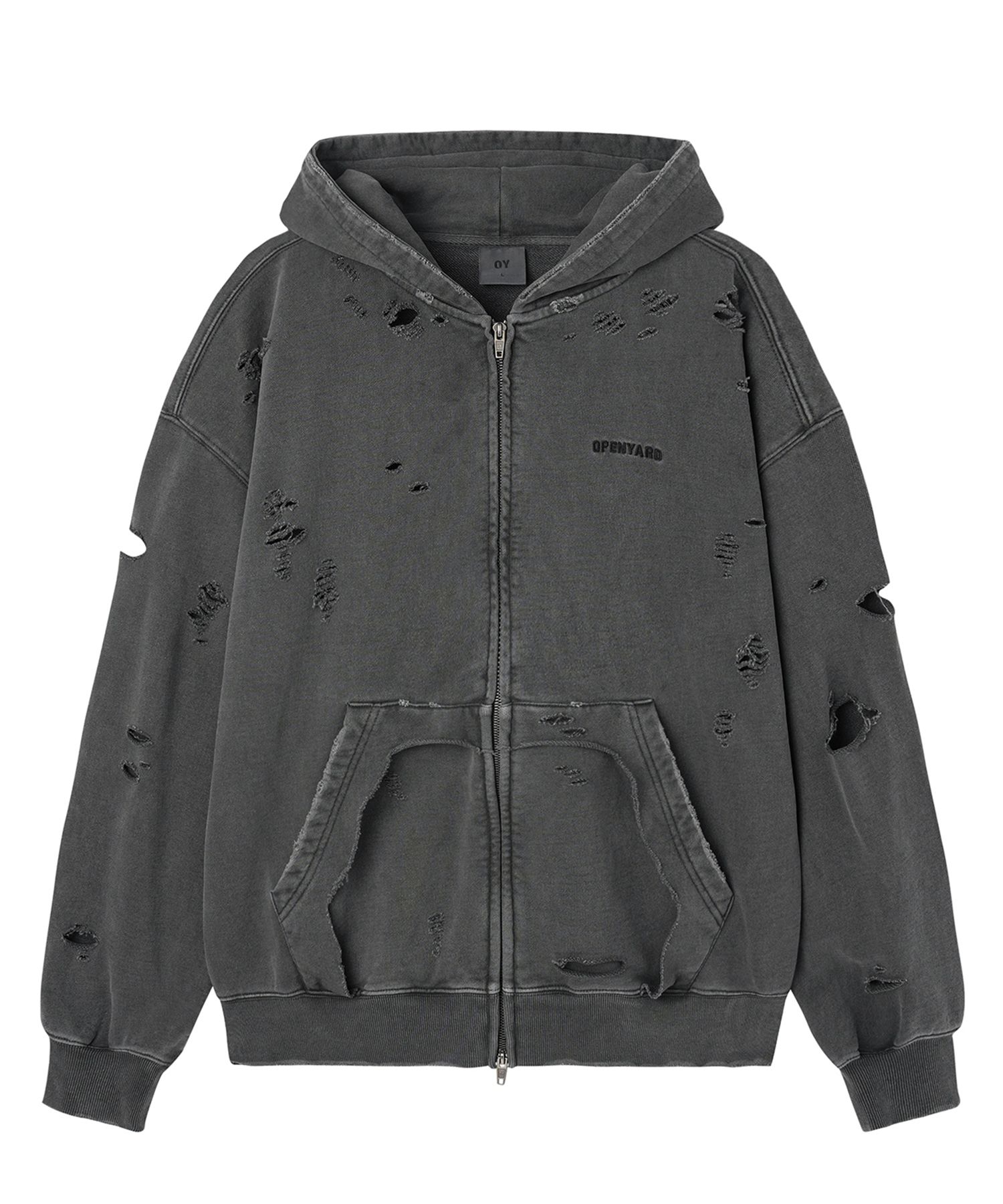 MUSINSA | OY PIGMENT DESTROYED HOODIE ZIP UP - CHARCOAL