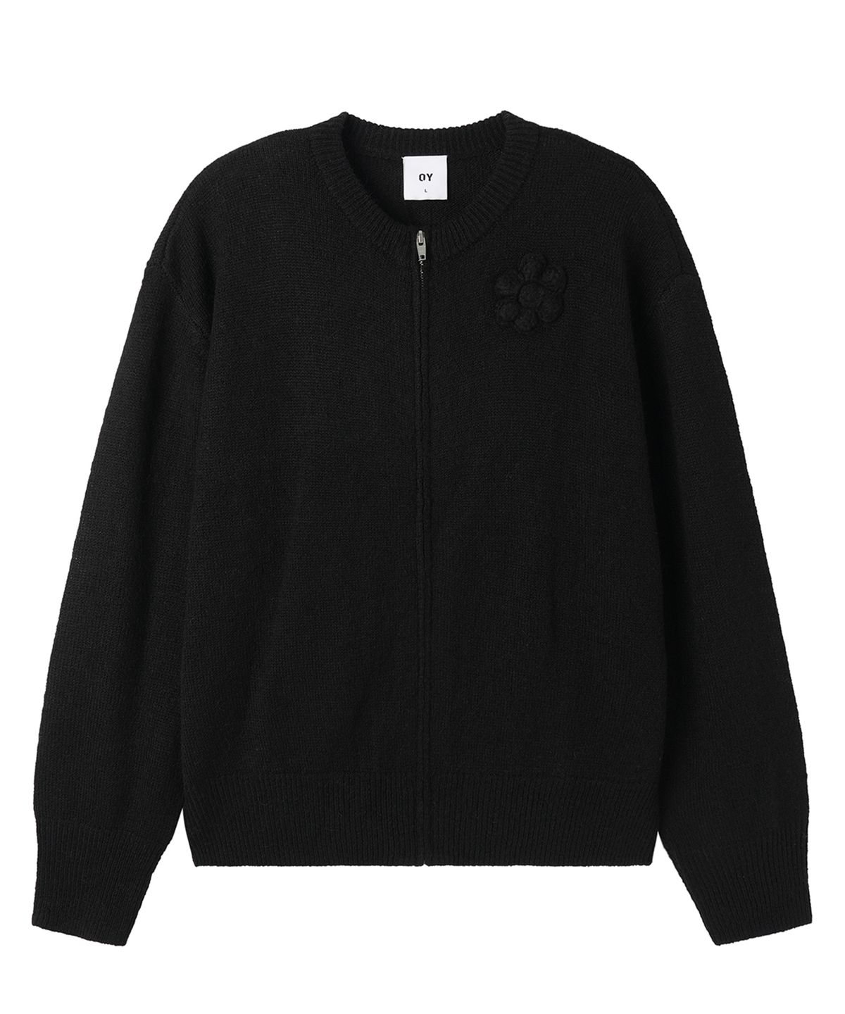 오픈야드(오와이)(OPENYARD(OY)) FLOWER CORSAGE ZIP UP KNIT CARDIGAN - BLACK