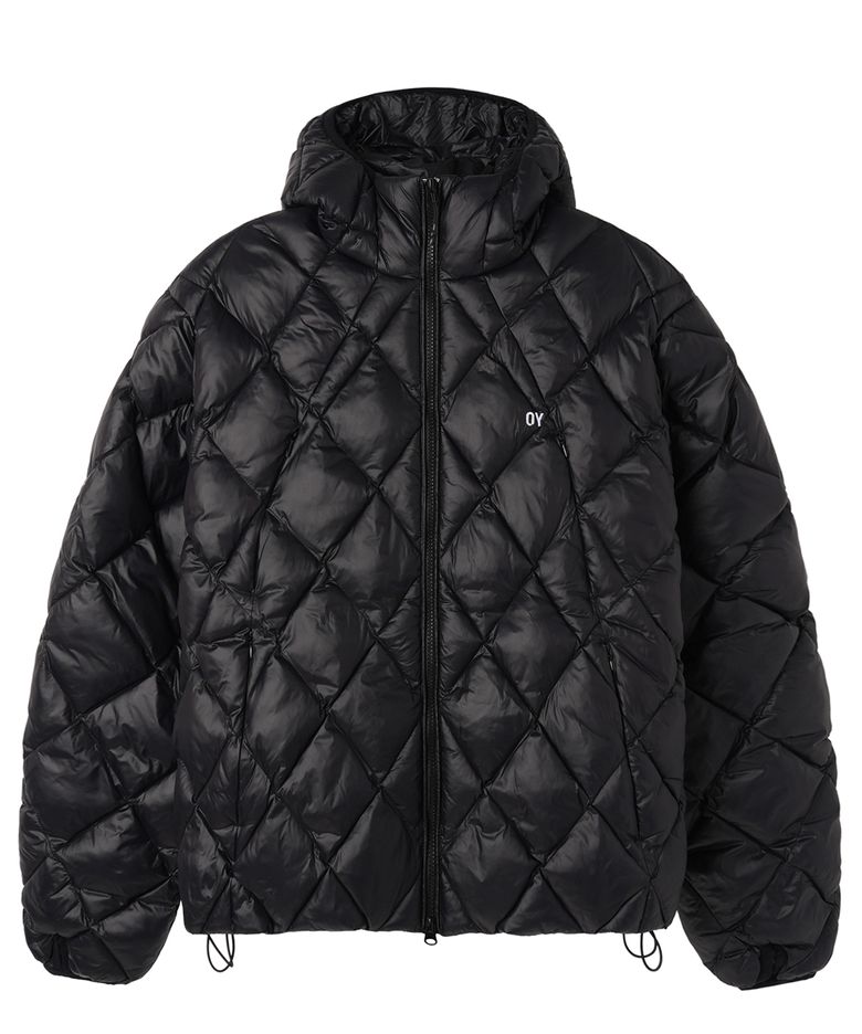 DIAMOND QUILTED CURVED PANEL LIGHTWEIGHT PUFFER JACKET - BLACK