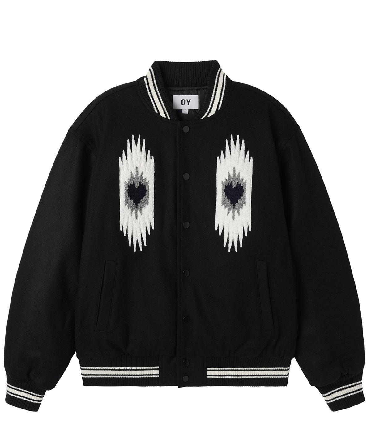 오픈야드(오와이)(OPENYARD(OY)) ETHNIC BOUCLE EMBROIDERY VARSITY JACKET - BLACK