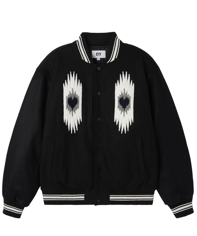 ETHNIC BOUCLE EMBROIDERY VARSITY JACKET - BLACK