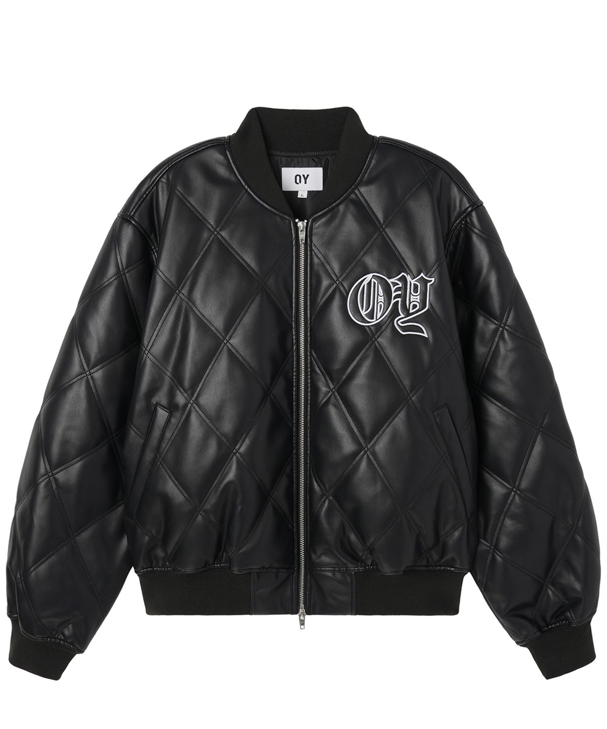 오픈야드(오와이)(OPENYARD(OY)) GOTHIC LOGO FAUX LEATHER BOMBER JACKET - BLACK