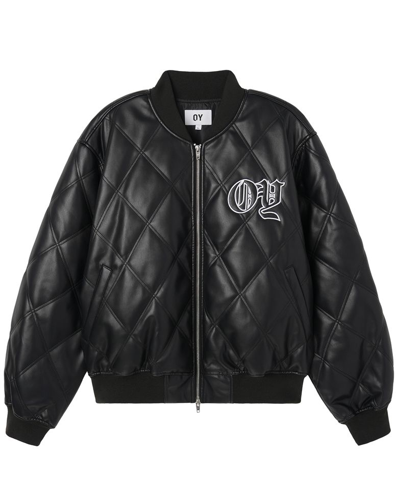 GOTHIC LOGO FAUX LEATHER BOMBER JACKET - BLACK