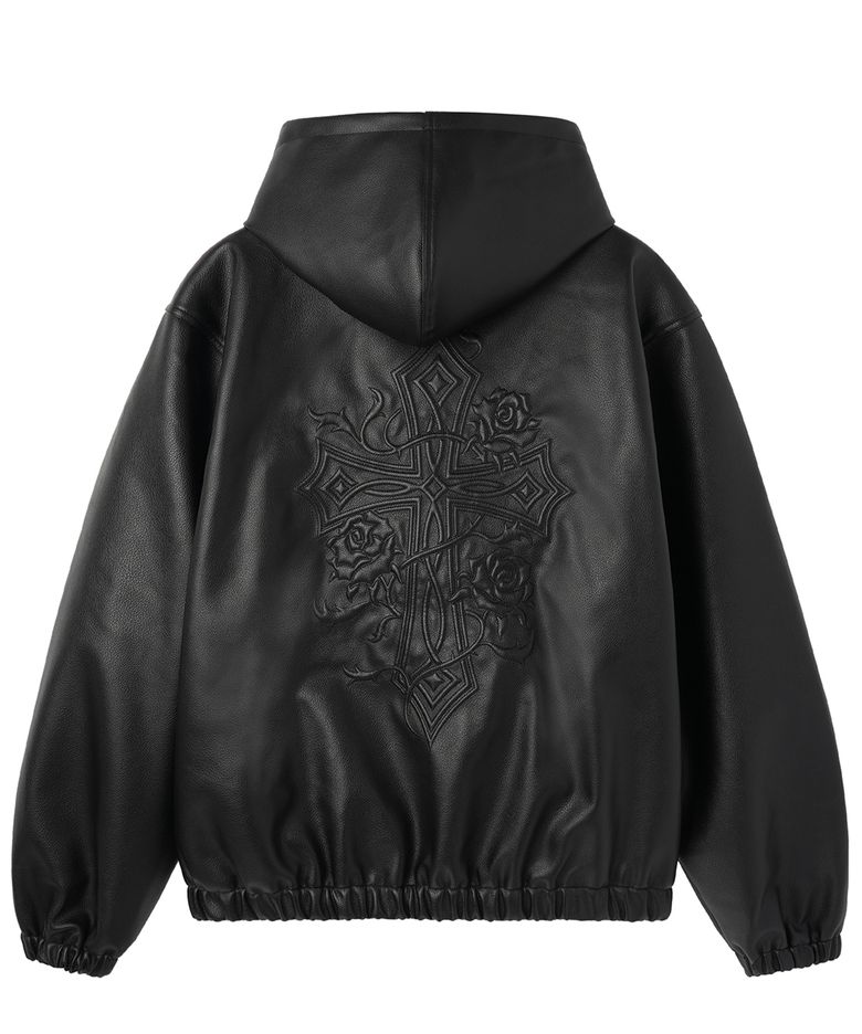 EMBOSSED CROSS FAUX LEATHER HOODED JACKET -BLACK